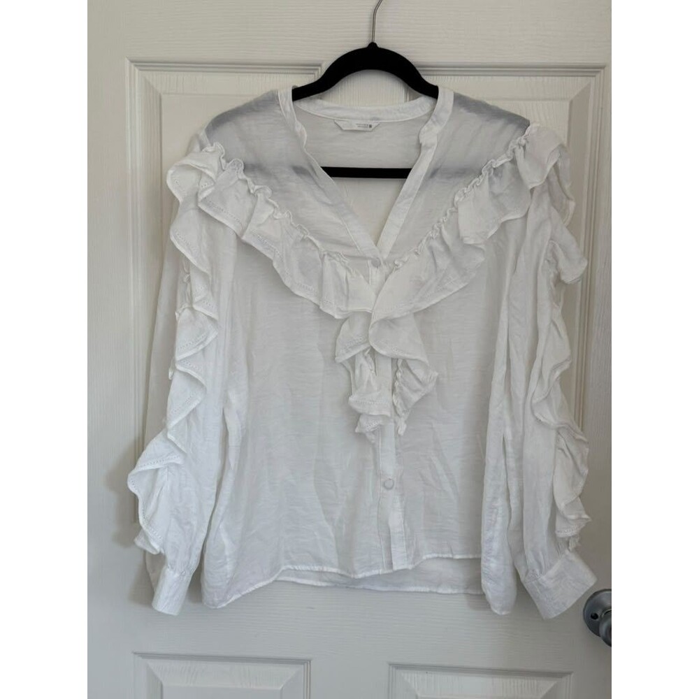 Zara Women’s S White Ruffle Front Button Down Blouse